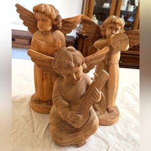 3 Vintage, hand crafted wood angels - sheep, trumpet/ mandolin statues a…